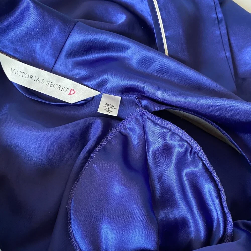 Victorias‎ Secret Royal Blue Maxi Satin Robe White Piping Pockets Women M/L